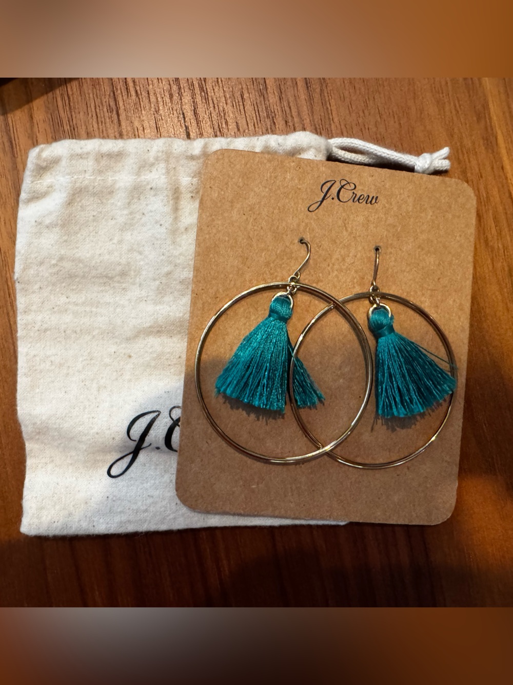 J. Crew Gold Hoop Earrings with Teal Tassels